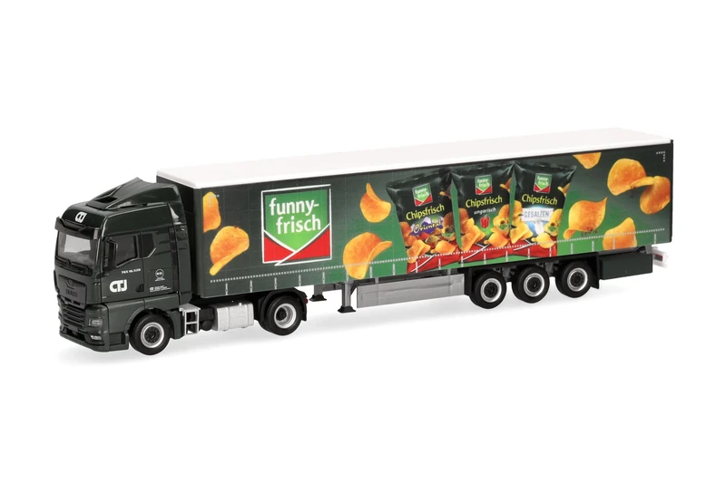 Herpa Truck Model MAN TGX GM Curtain-Sider Semi-Trailer "CTJ/Funny Frisch" (North Rhine-Westphalia/Dormagen), Miniature in 1:87 Scale, Collectible, Made in Germany, Plastic