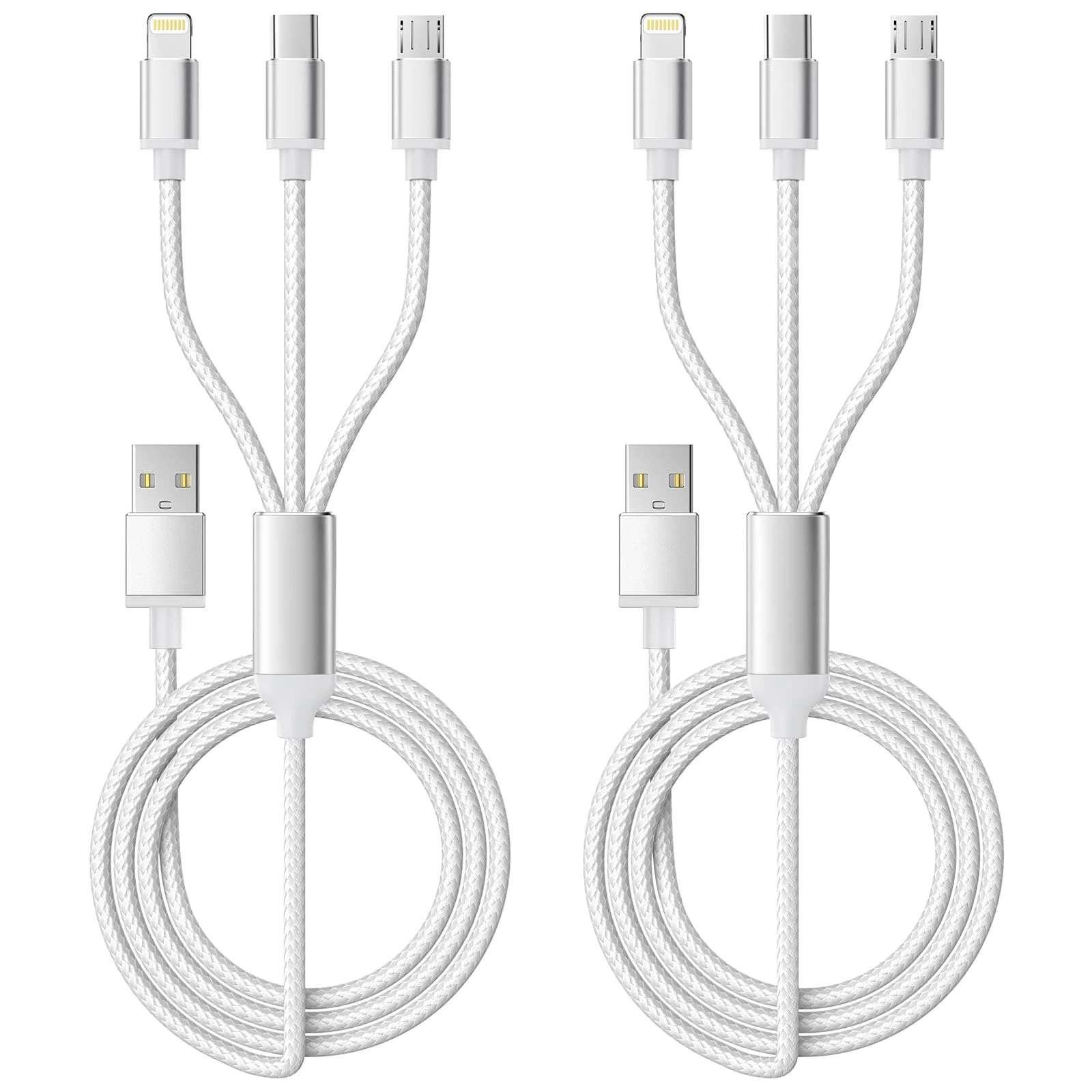 Multi Charger Cable, USB Charger Cable [2Pack 1.2M] 3A Multiple USB Cable 3 in 1 Nylon Braided with Micro USB, Type C Lightning Connector for iPhone, Android Samsung S22 S20, Huawei, Nexus, Nokia,LG