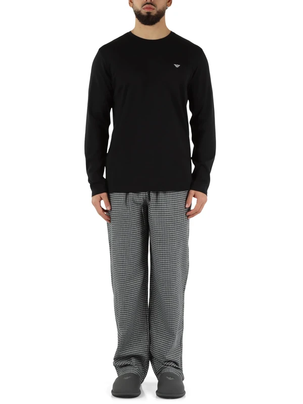 Emporio Armani MAN'S YARN DYED WOVEN LONG PAJAMAS BLACK S