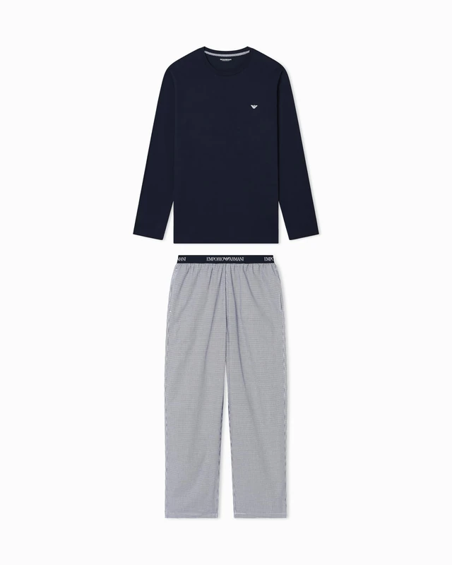 Emporio Armani MAN'S YARN DYED WOVEN LONG PAJAMAS BLUE S