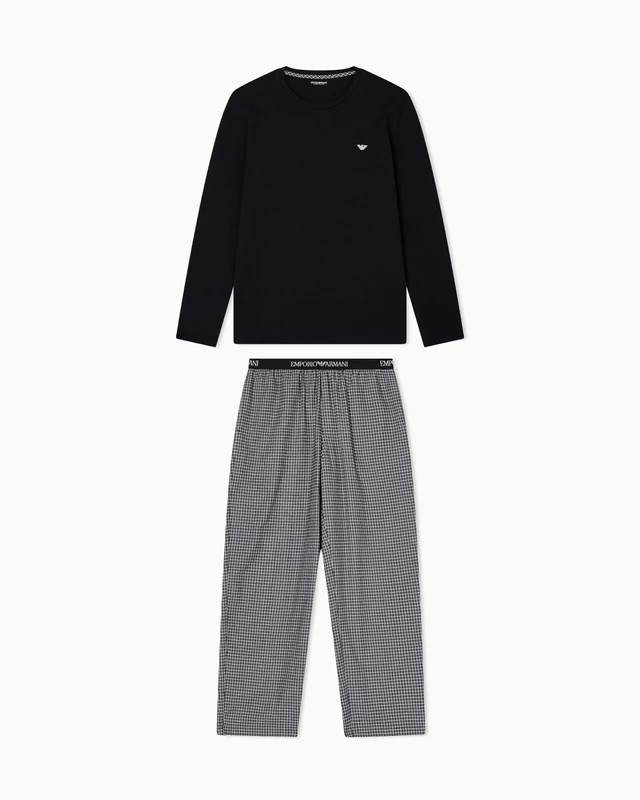 EMPORIO ARMANI MAN'S YARN DYED WOVEN LONG PAJAMAS BLACK XL
