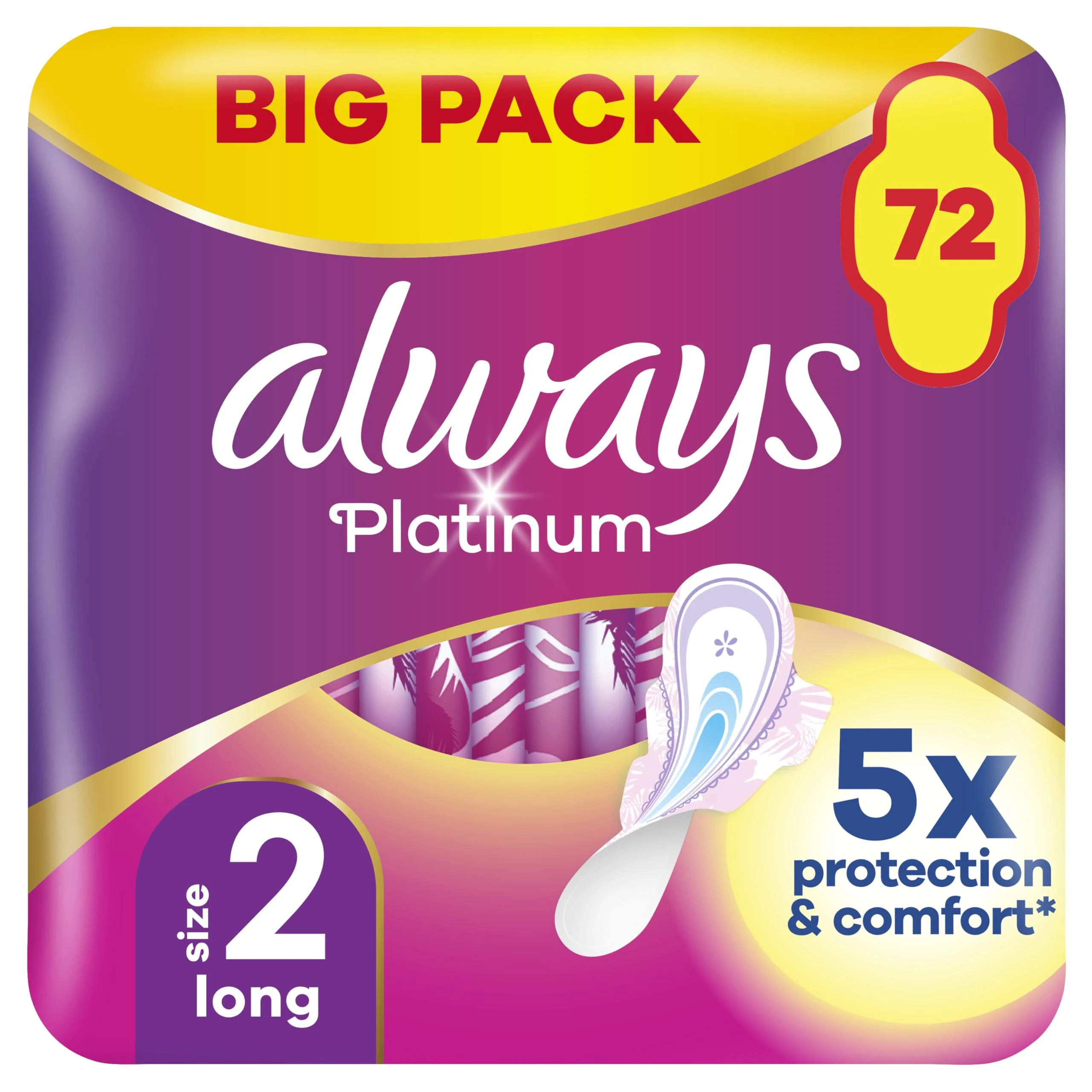 Always Platinum Long (Size 2) Sanitary Towels with Wings 18 Pads x 4