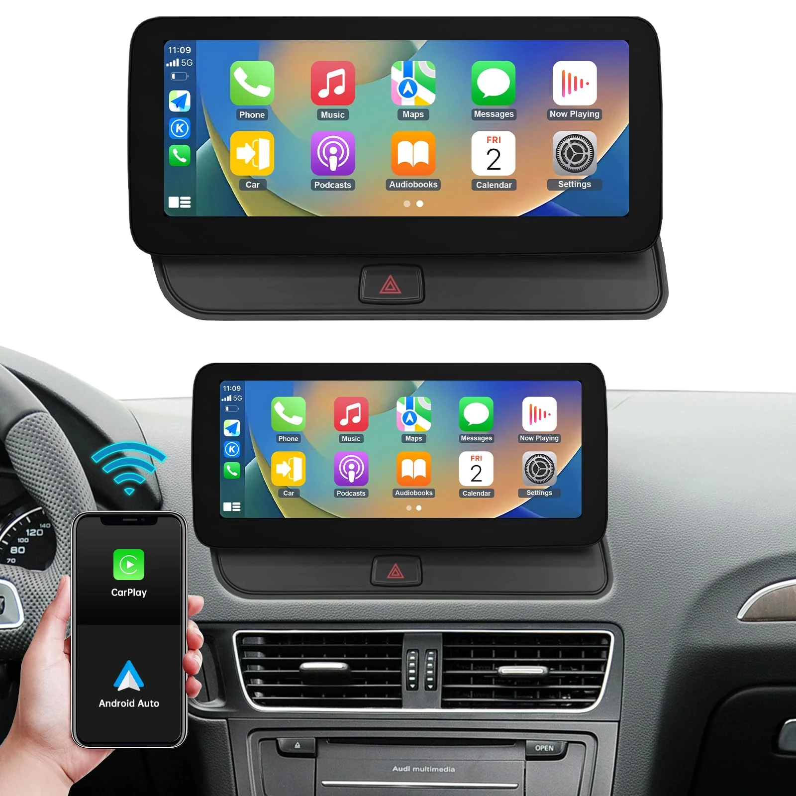 Ninetom Wireless Carplay & Android Auto, Car Radio 12.3'' Touchscreen for 2009-2017 Audi Q5 with 3G MMI+ System, Supports Mirrorlink, Camera, Navigation