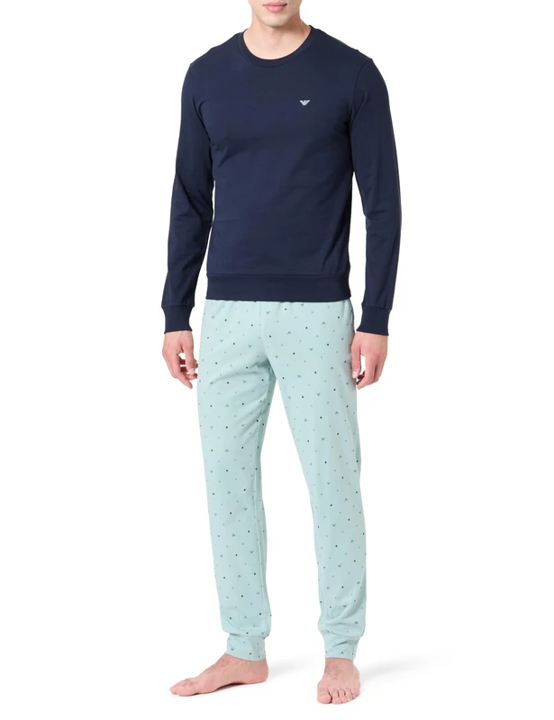Emporio Armani MAN'S CLASSIC PATTERN MIX PAJAMAS WITH CUFFS SET BLUE S