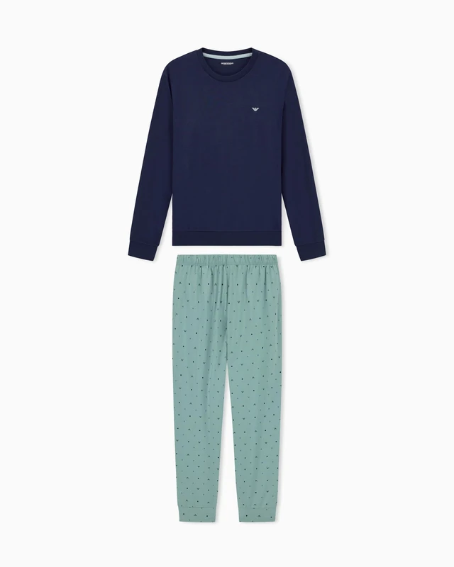 Emporio Armani MAN'S CLASSIC PATTERN MIX PAJAMAS WITH CUFFS SET BLUE L