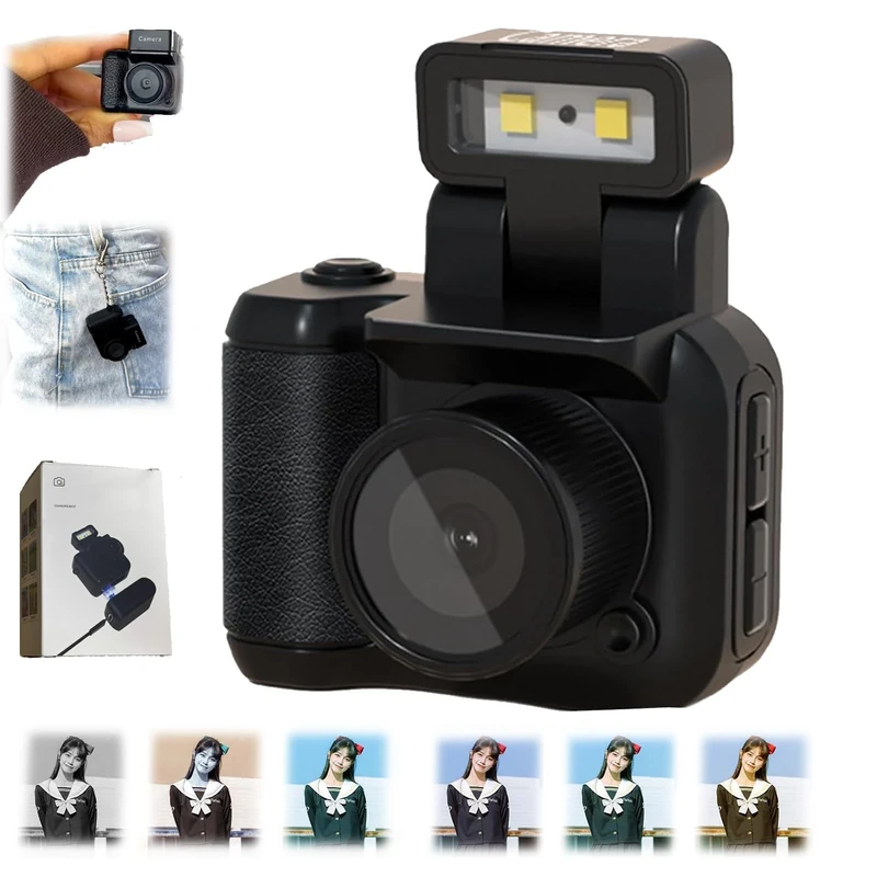 Retro Mini Camera,1080 p HD Tiny Camera Keychain with LED Flash, Upgrade Charging Base (Black,32 G)