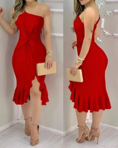 Generic One-Shoulder Red Dress - Twist Knot Waist, Ruffle Slit