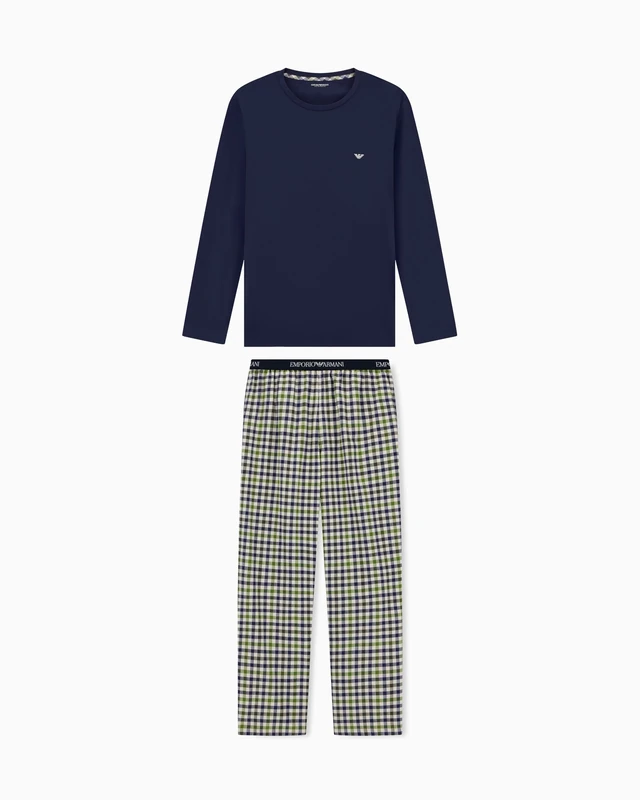 EMPORIO ARMANI MAN'S YARN DYED WOVEN LONG PAJAMAS BLUE L