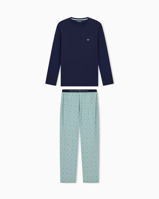 EMPORIO ARMANI MAN'S CLASSIC PATTERN MIX LONG PAJAMAS BLUE XL