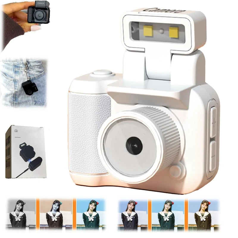 Retro Mini Camera,1080 p HD Tiny Camera Keychain with LED Flash, Upgrade Charging Base (White,32 G)