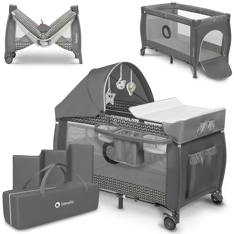 Lionelo Sven Plus 2in1 Travel Cot and Portable Baby Zone for newborns 0-36 Months Foldable with 2-level Heights, Changing Table, Mattress, Side Entrance Mesh Walls Mosquito Net Canopy Wheels Organiser