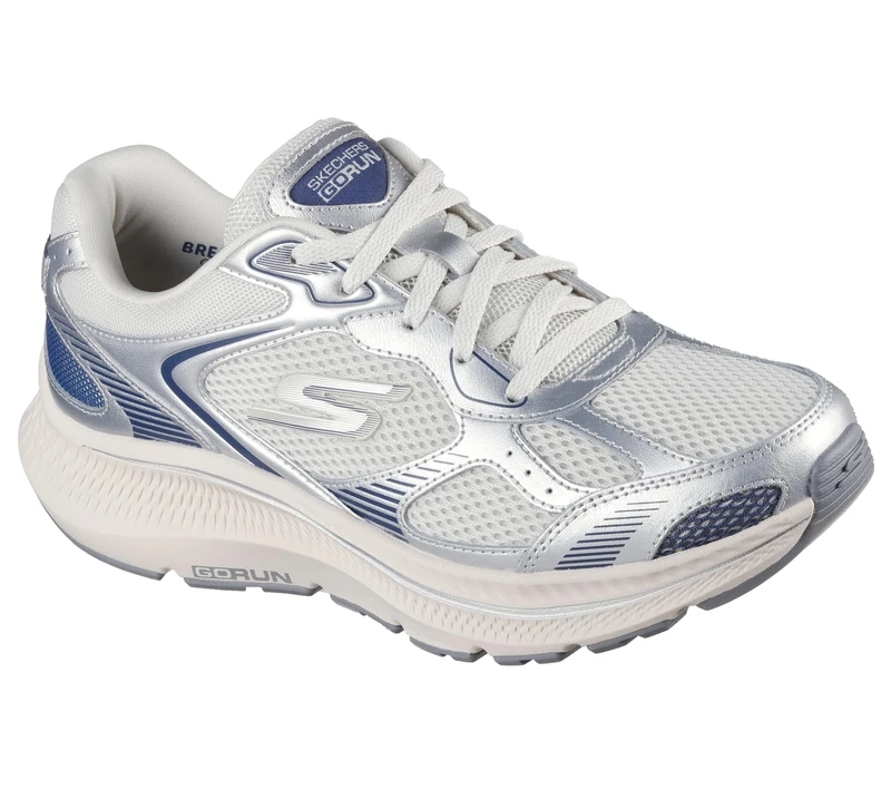 Skechers Women's Go Run Consistent 2.0 Volt Sneaker, Silver Leather/Navy Trim, 3.5 UK