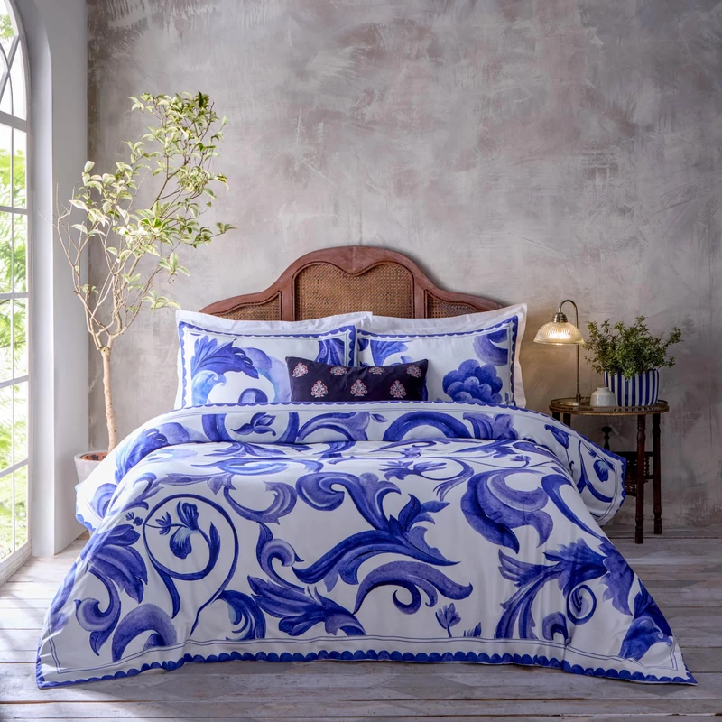 Paoletti Azzurro Printed Cotton Duvet Set - Blue - Double