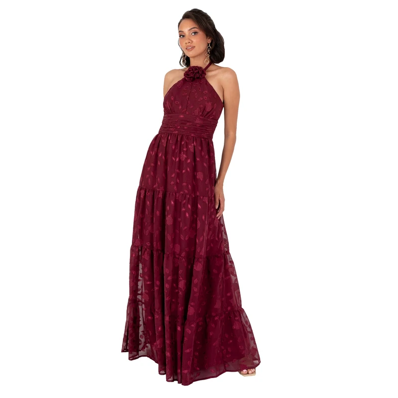 Maya Deluxe Women's Maxi Dress Ladies Sleeveless Halterneck Floral Corsage Chiffon Jacquard A-line Tiered Evening Occasion Prom, Berry 12