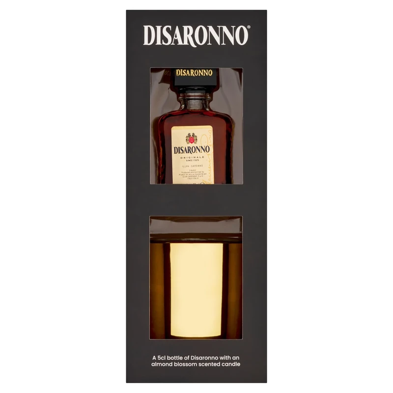 Disaronno Liqueur & Candle Gift Set, including Originale Liqueur 5cl and an Almond Blossom scented candle. Perfect for Christmas and Birthdays. Premium Packaging. By Blue Tree Gifts.