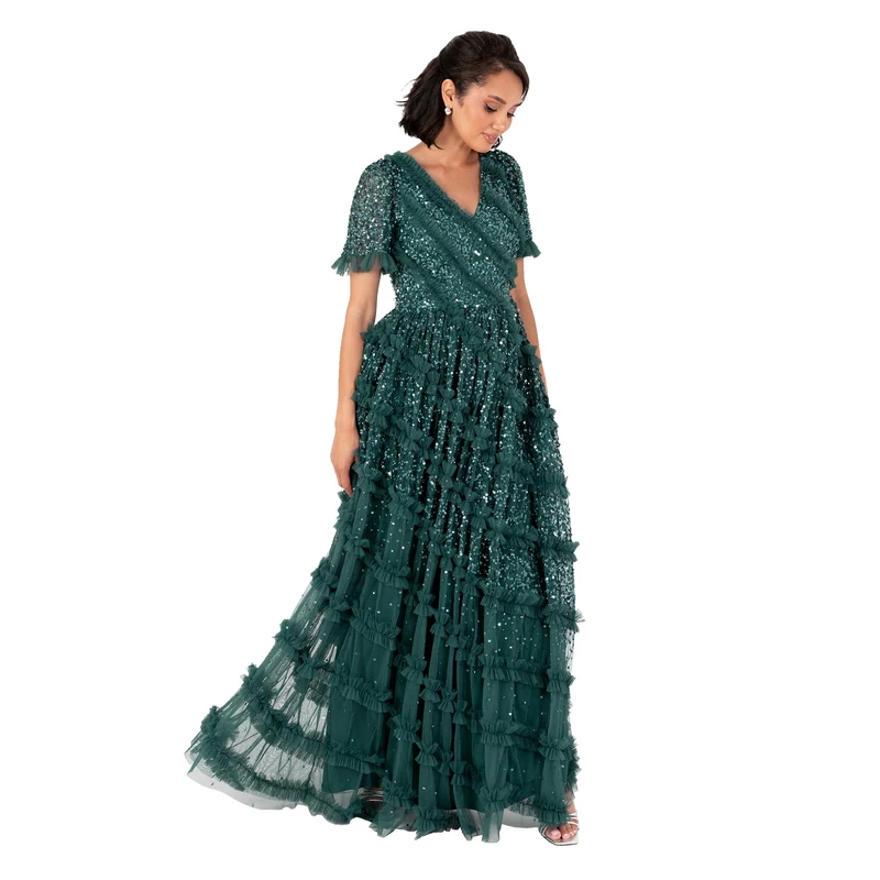 Maya Deluxe Women's Maxi Dress Ladies V-Neck Short Sleeve Sequin Embellished Ruffle Tulle A-line Bridesmaid Evening Prom Ball Gown, Emerald Green 18