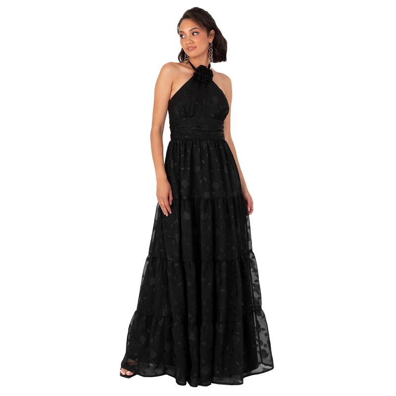 Maya Deluxe Women's Maxi Dress Ladies Sleeveless Halterneck Floral Corsage Chiffon Jacquard A-line Tiered Evening Occasion Prom, Black 10