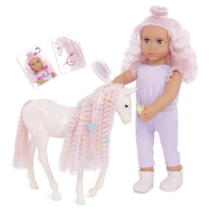 Our Generation Elara & Lumina Doll and Horse - 18-inch Girl Doll & Foal Hair Play Duo, Pink Hair, Hairstyling Toy Foal, Hair Play Accessories, Lilac Jumpsuit Dress, For Ages 3+