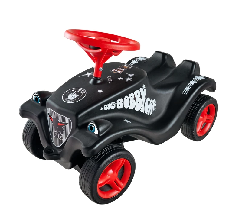 Big Bobby Car Classic Little Rocker - Ride-On Car from 1 Year in Dark Rock n' Roll Design with Red Safety Steering Wheel and Horn, for Children from 12 Months (up to 50 kg), Black with Stickers