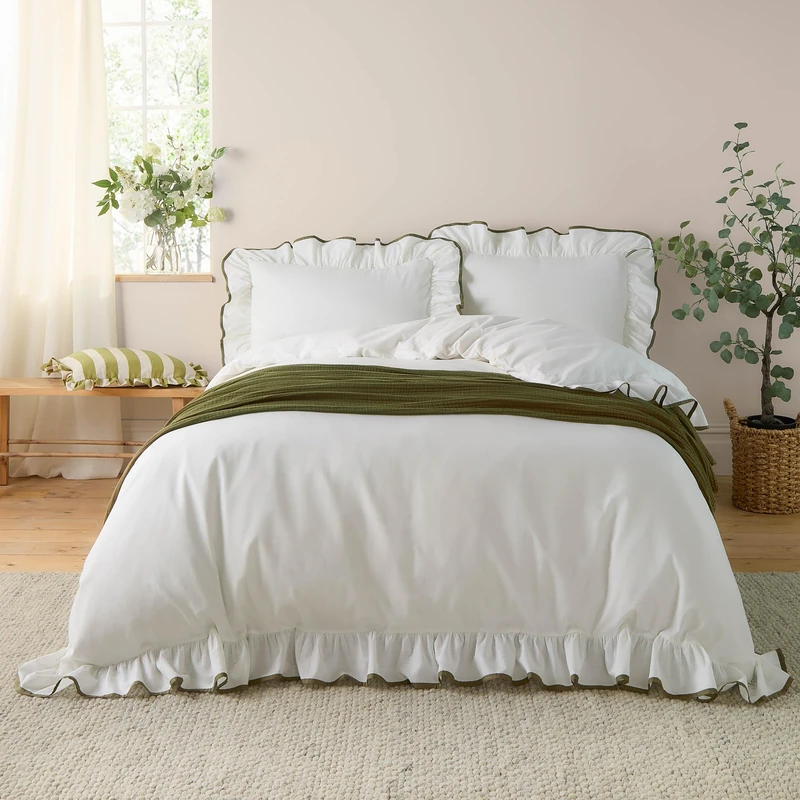 furn. Wylder Blousey Cotton Ruffle Duvet Cover Set – Ruffled Trim Luxury Bedding (Olive – Single)