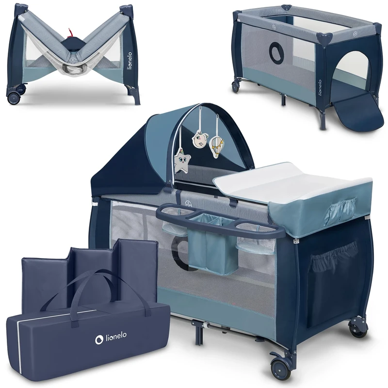 Lionelo Sven Plus 2in1 Travel Cot and Portable Baby Zone for newborns 0-36 Months Foldable with 2-level Heights, Changing Table, Mattress, Side Entrance Mesh Walls Mosquito Net Canopy Wheels Organiser