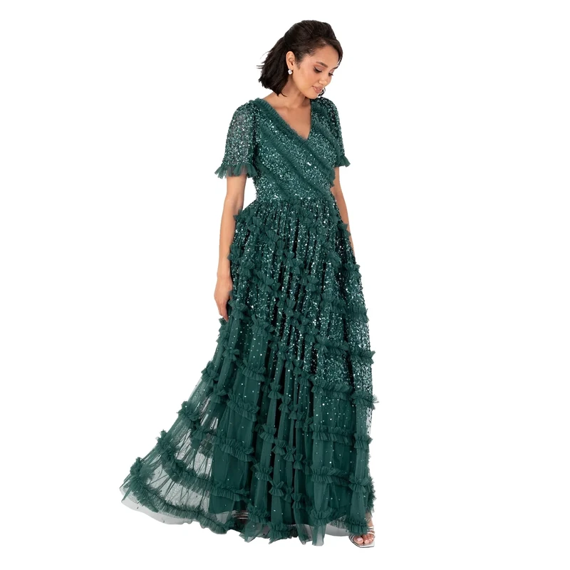 Maya Deluxe Women's Maxi Dress Ladies V-Neck Short Sleeve Sequin Embellished Ruffle Tulle A-line Bridesmaid Evening Prom Ball Gown, Emerald Green 12