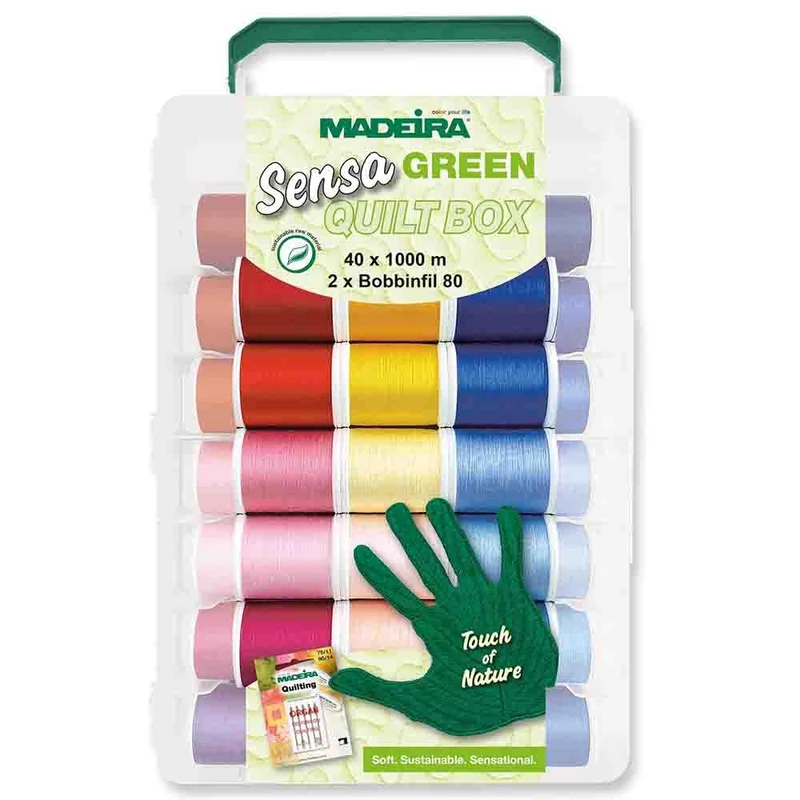 Madeira Thread Assortment Box - Yarn, Sensa Green, 40 Quilting & Embroider Thread, 1100 Yards Each, Natural Fiber, Large Soft Carry Case