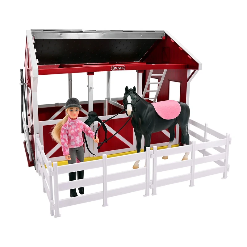 Breyer Bandai Summer Springs Country Stable Playset | Wooden Horse Stable Toy with 2 Stablemates Horses & Accessories | 10cm 1:32 Scale Figures for Creative Farm Play