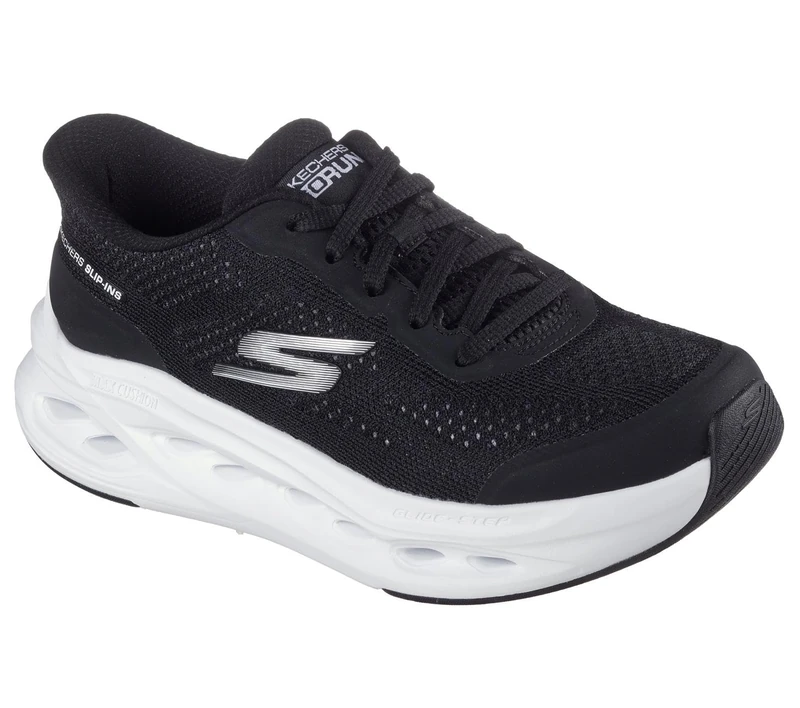 Skechers Women's Max Cushioning Glide-Step Hartford Sneaker, Black Textile/White Trim, 2 UK