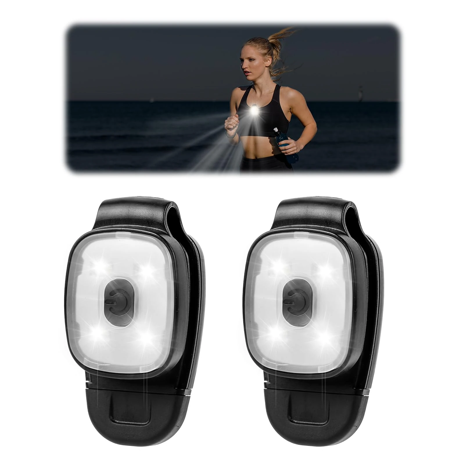 PRETTI 2 Pack LED Clip On Running Lights for Night Safety, USB Rechargeable Hands-Free Flashlights with 3 Brightness Modes, Lightweight for Runners, Hiking, Dog Walking - Ultra Bright White Light