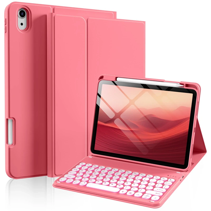 SZPSGC Keyboard Case for iPad (A16) 11th Generation Case 11 Inch 2025, iPad 10th Generation Case 2022 10.9 Inch with Pencil Holder, 7 Colors Backlit Wireless Keyboard, Support Auto Wake/Sleep Red