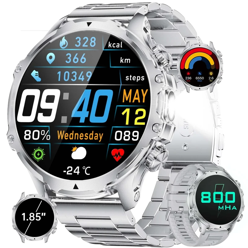 HIRREO Smart Watches for Men(LED Flashlight), 1.85'' HD Large Smartwatch, 800mAh/5ATM Waterproof/Pedometer/100+ Sports Fitness Tracker Watch, Rugged Smartwatches for Men Compatible Android iPhone