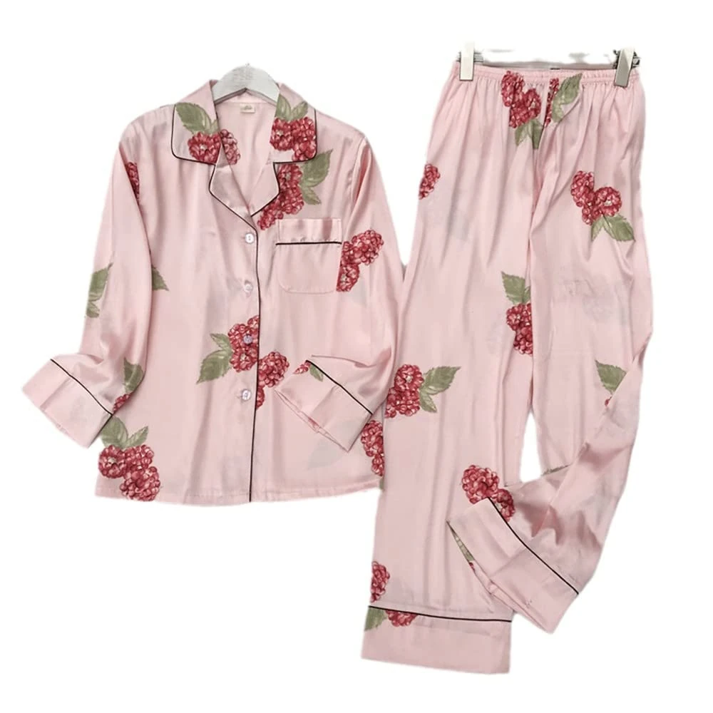 Womens Pajamas Set - Fashion Loose Women Cardigan Pajamas Spring Autumn Ice Silk Long Sleeve Trousers Suit Printing Fashion Pyjamas Set Mujer Household faucets