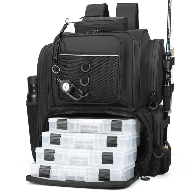 WANOON Tackle Box Backpack with 4 Tackle Boxes,45L Large Storage Fishing Tackle Backpack.Rod Holders, Waterproof, High-Performance Fishing Backpack