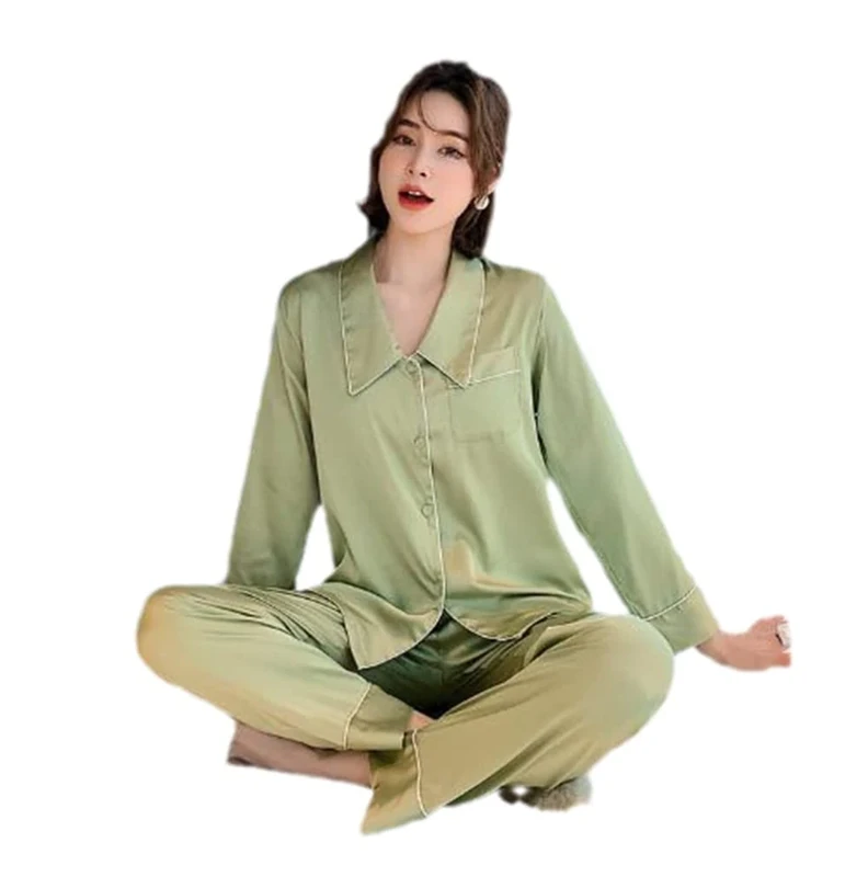 Womens Pajamas Set - Ice Silk Loose Night Wear Women Pajamas Rayon Sleepwear Long Sleeve Trousers Two Piece Suit Lapel Ladies Pyjamas Set Household faucets