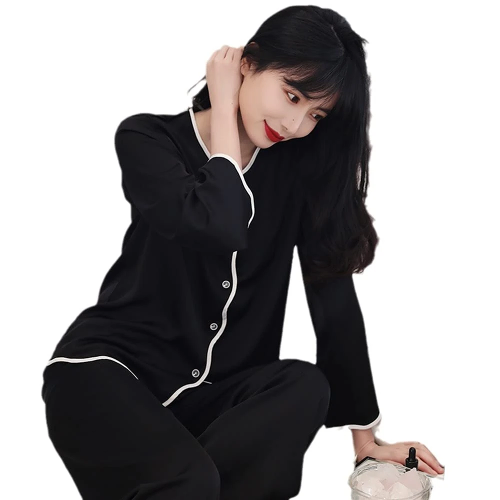 Womens Pajamas Set - Fashion Black/White Sleepwear Set Silk Satin Nightwear Pajamas For Women Spring Summer V Neck Ladie'S Pijamas Pyjama Household faucets