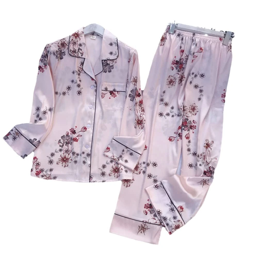 Womens Pajamas Set - Fashion Loose Women Pajamas Spring Autumn Ice Silk Long Sleeve Trousers Suit Printing Fashion Pyjamas Set Mujer Household faucets