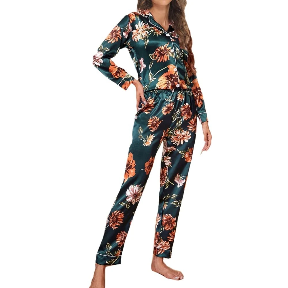 Womens Pajamas Set - Fashion Winter Sleepwear Women Satin Silk Pajamas Set Turn-Down Collar Long Sleeve Two Pieces Suit Casual Loose Home Clothes Loungewear Household faucets