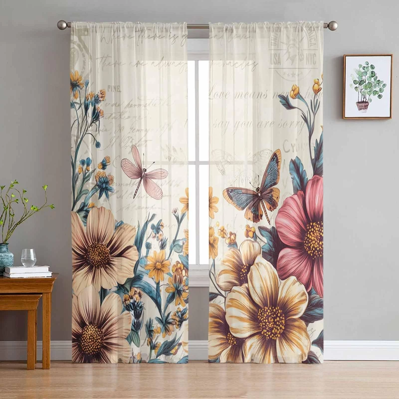 Rustic Floral Sheer Curtains for Living Room 2 Panels, Vintage Flowers Butterfly Dragonfly Voile Curtain Drapes for Bedroom Light Filtering & Privacy Farmhouse Window Treatment W52 x L84, Set of 2
