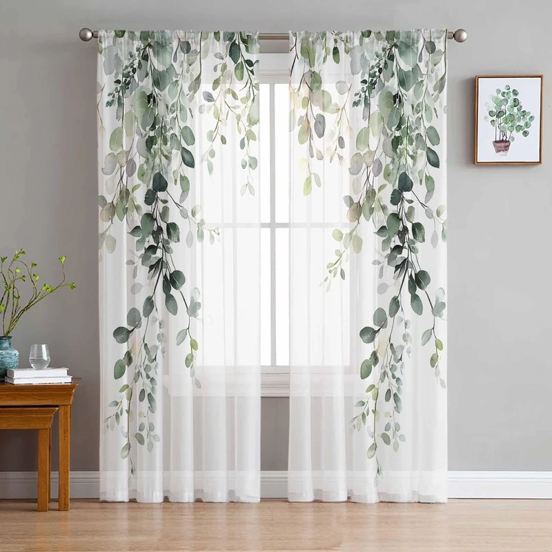 Eucalyptus Leaves Sheer Curtains for Living Room 2 Panels, Sage Green Spring Botanical Voile Curtain Drapes for Bedroom Light Filtering & Privacy Farmhouse Style Window Treatment W52 x L84, Set of 2