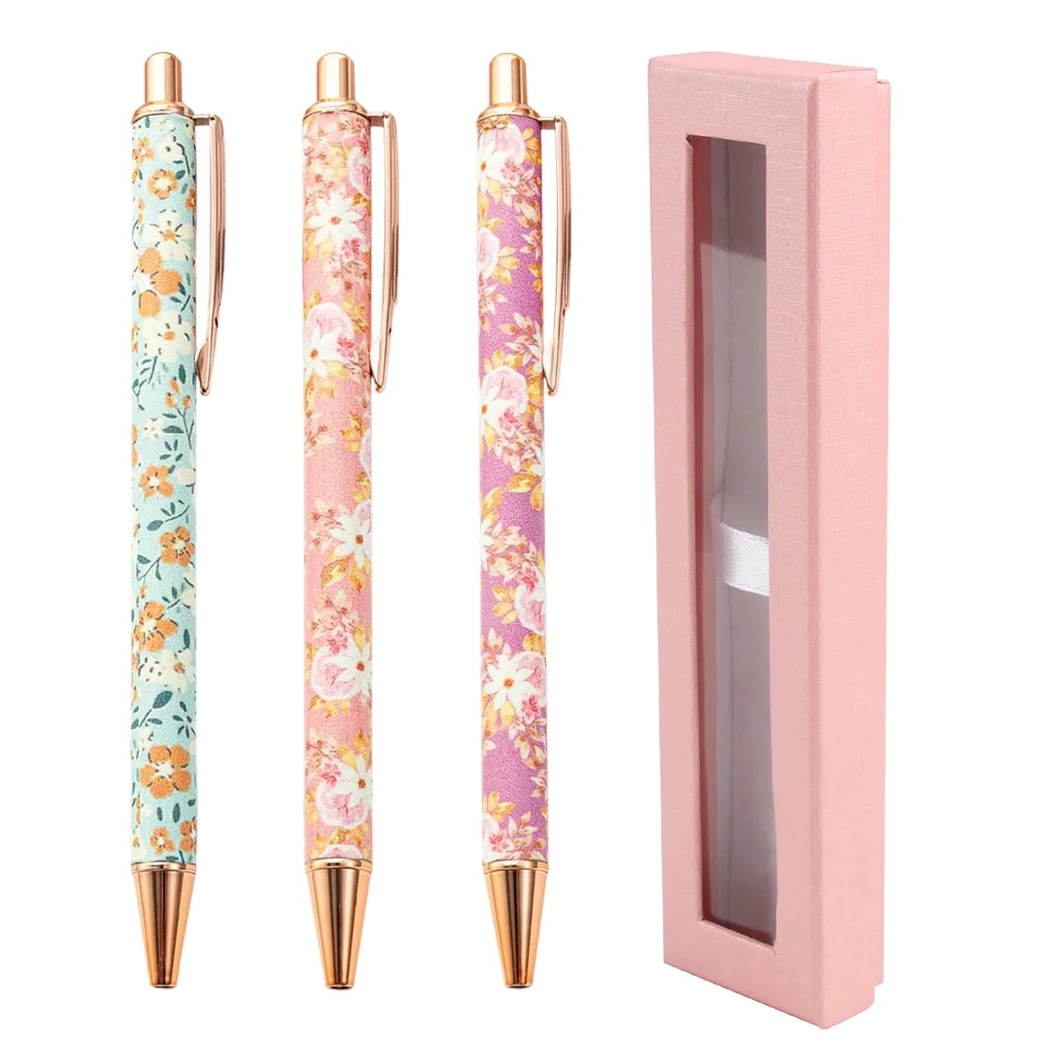 3 Pcs Floral Art Ballpoint Pens, Metal Flower Fancy Pen Set with Gift Box, Stationery Gifts Pretty Pen Sets for Ladies, Cute Retractable Black Ink Pens for Women Teachers Students