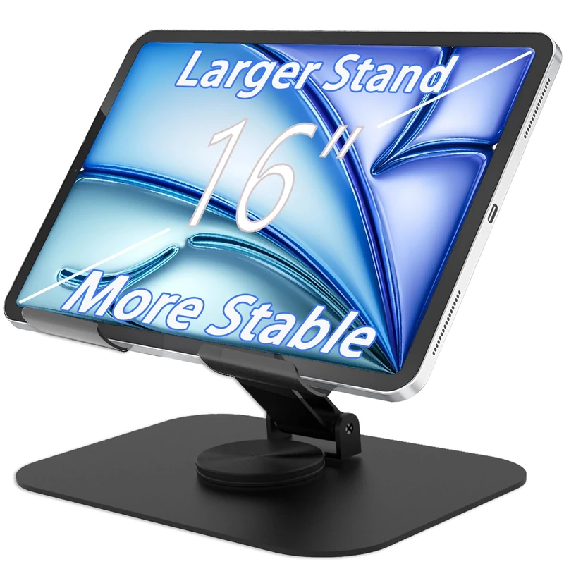 TAPMEI Larger Metal Tablet Stand, Adjustable 360° Rotation Tablet Holder Compatible with 4-16" Tablet Such as iPad Pro, iPad Air Mini, Tab S10 Ultra (Black)