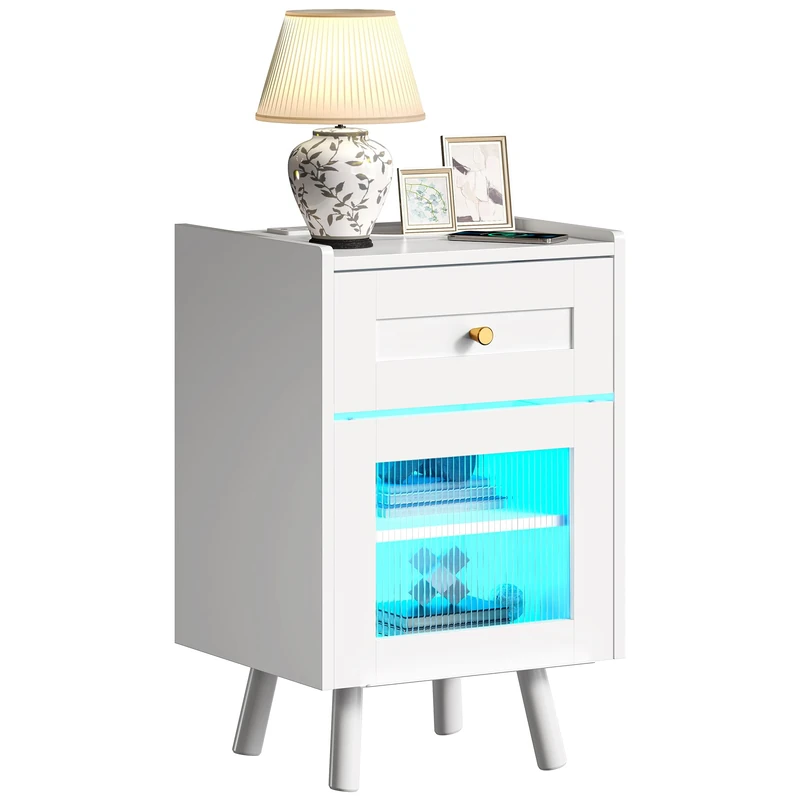 YITAHOME Bedside Table, Nightstand with 7-Color LED Light Strip, Bedside Table with Drawer and Adjustable Shelf, Black Storage End Table Sofa Table for Bedroom, Living Room, Office, 40x35x62cm, White