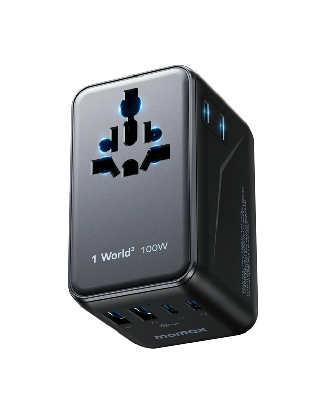 MOMAX Universal Travel Adapter, 100W Fast GaN International Power Adapter with 2AC, 2PD USB-C+2QC USB-A Travel Plug Adapter, Travel Plug Adapter Worldwide for Multi Countries EU, USA, UK, Japen etc.