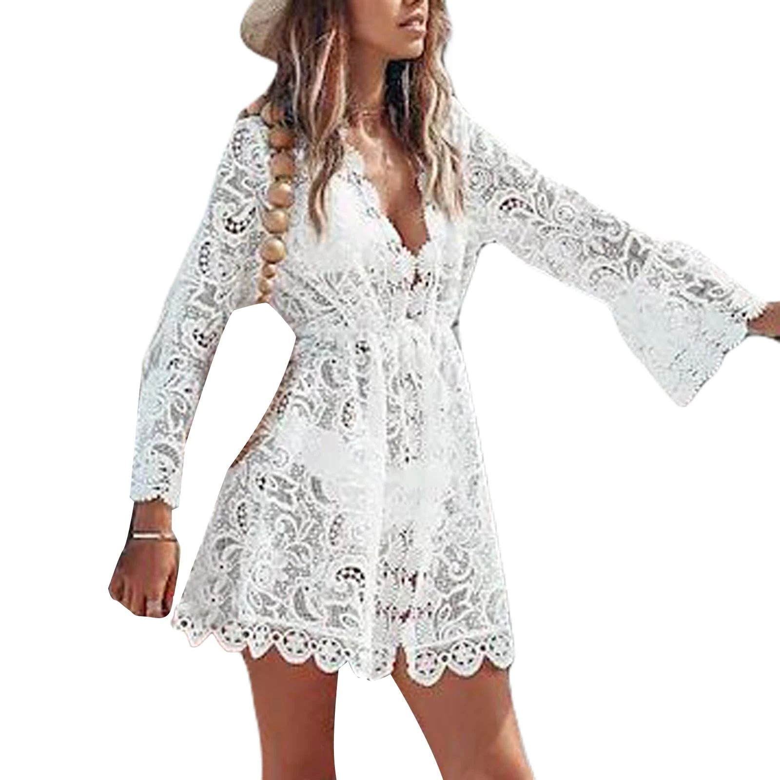 LYSINK Women Lace Cover Up Sexy Lace Floral Bikini Cover Ups Long Sleeves V Neck Cutout Crochet Mini Dress Summer Beachwear (Ba White, XL)