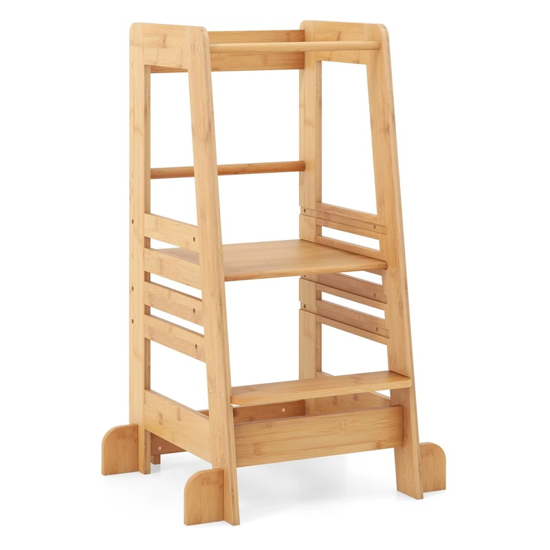 GYMAX Kids Step Stool, Bamboo Kitchen Helper Stand with Height Adjustable Platform and Safety Rail, Wooden Learning Tower for Bathroom Nursery