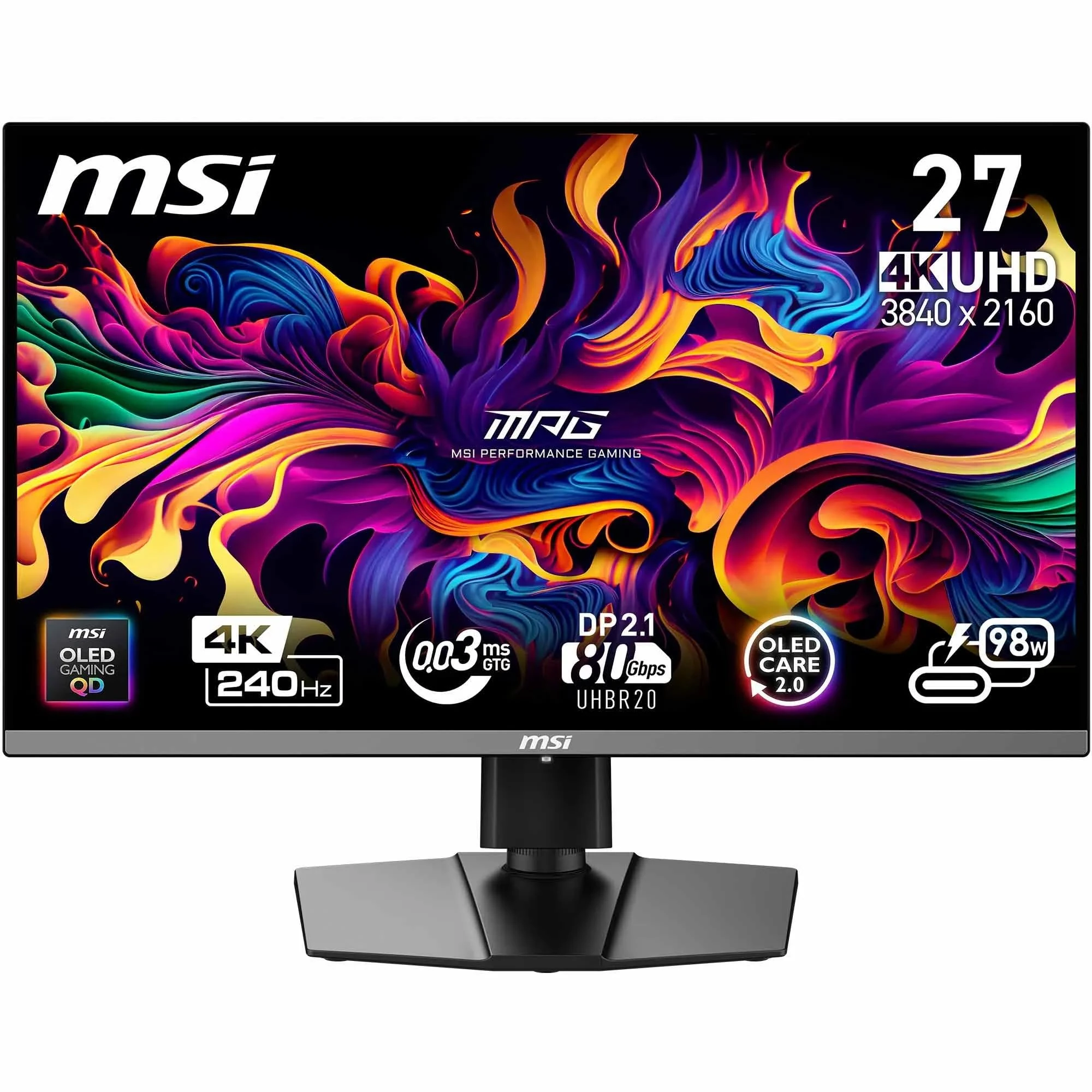 MSI MPG 272URX QD-OLED 27-Inch 4K UHD Gaming Monitor, 3840 x 2160 Quantum Dot OLED Panel, 240Hz,0.03ms, DisplayHDR TRUE Black 400, G-SYNC Compatible, HDMI 2.1, DP 2.1a, USB C (98W PD), Black