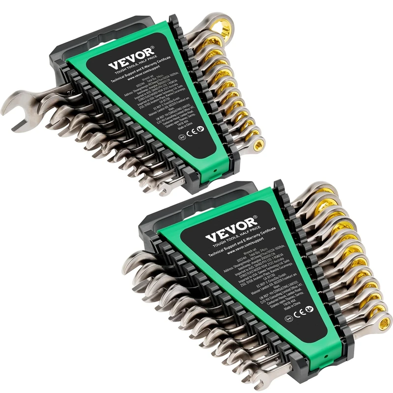 VEVOR Combination Wrench Set, 24 Piece Ratchet Wrench Set with Organizer Rack, Cr-V Steel Wrench Set SAE 1/4" to 7/8", Metric 8mm to 19mm, Ideal for General Household, Car Repairs,