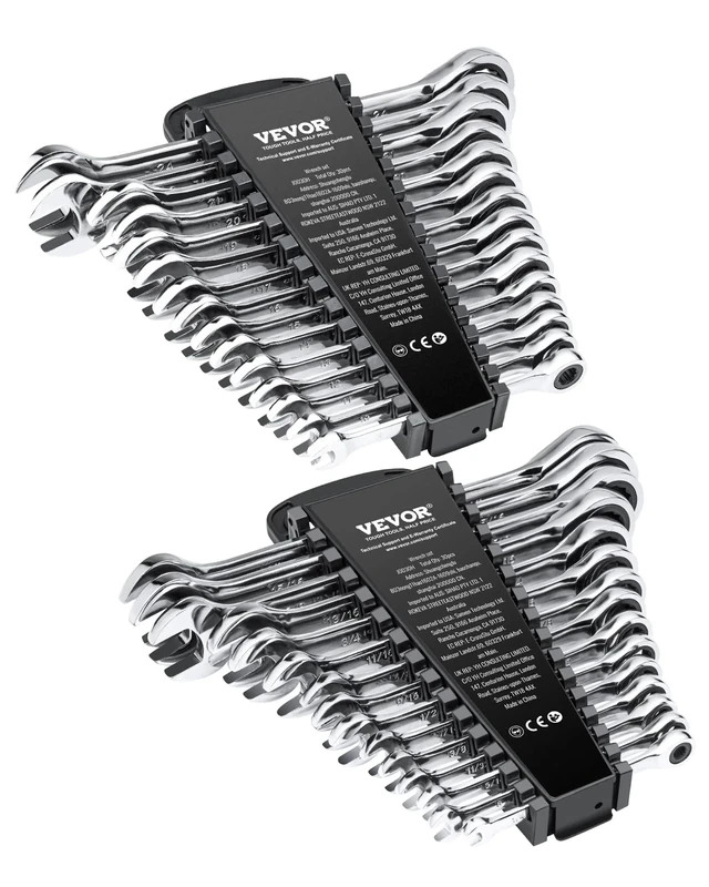 VEVOR Combination Wrench Set, 30-Piece Ratcheting Wrench Set with Organizer Rack, Cr-V Steel Wrench Set SAE 1/4" to 1", Metric 8 mm to 24 mm, Ideal for General Household, Garage, Workshop, Emergency