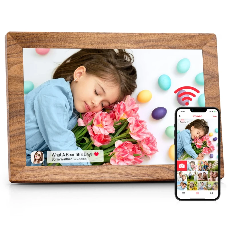 Frameo 10.1Inch Digital Photo Frame with 32GB Memory WiFi Wood Electronic Photo Frame Touch Screen, Auto Rotate, Easy Setup and Share Photos or Videos via Frameo APP
